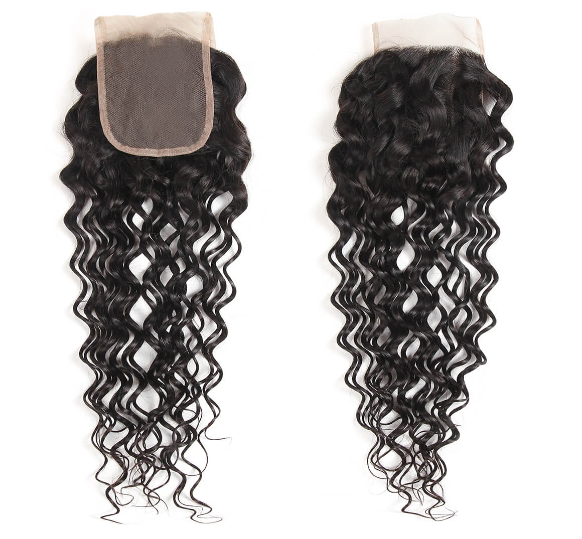 Brazilian Hair Water Wave 3 Bundles With Lace Closure Wet and Wavy Human Hair 3 Bundles With 4*4 Closure Unprocessed Virgin Hair Bundle Deals No Shedding Weave Extensions 10 Water Wave Hair Lace Closure 5