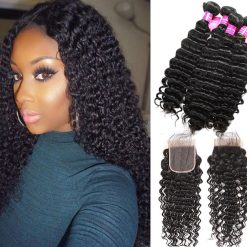 Peruvian Deep Wave 4 Bundles Human Hair With lace Closure