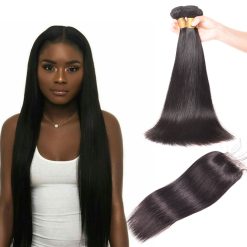 Peruvian Straight Hair 3 Bundles With Lace Closure Virgin Human Hair