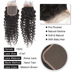Brazilian 3 Bundles Deep Wave Hair With Lace Closure 100% Virgin Remy Human Hair Weave 9 deep wave hair lace closure