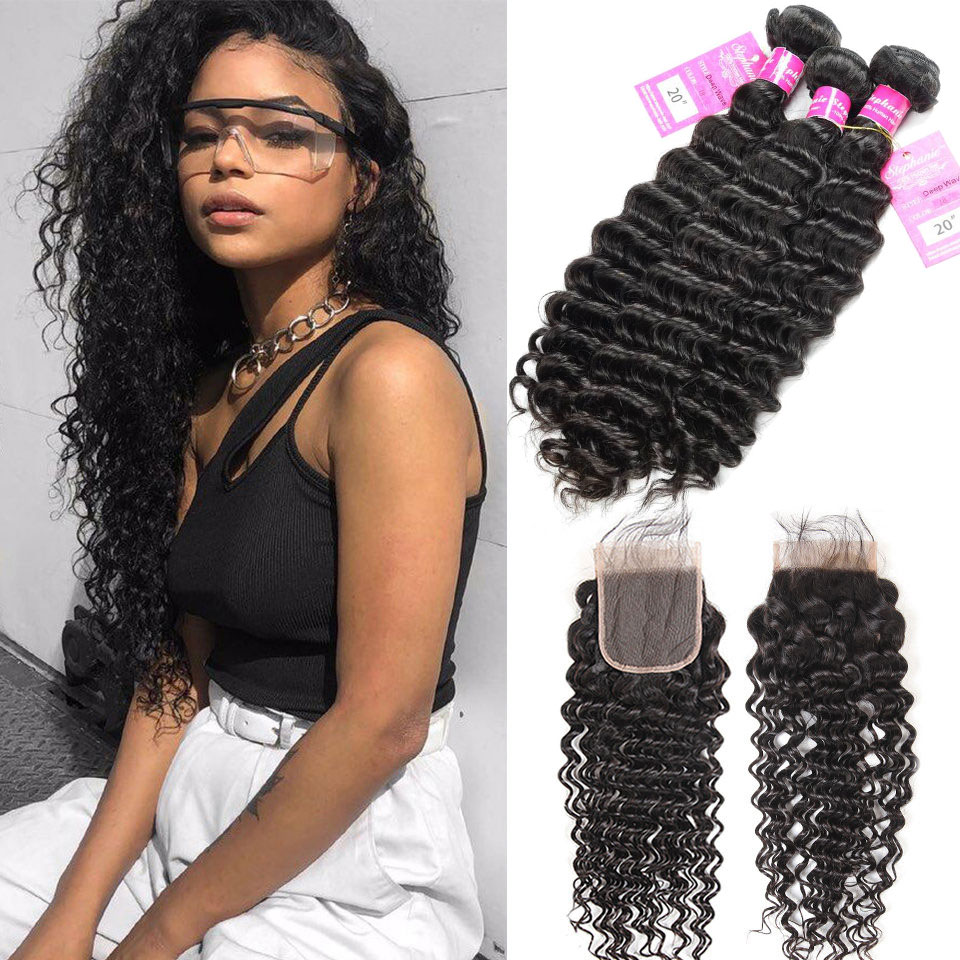 Brazilian Deep Wave Hair 3 Bundles With Closure Virgin Human Hair