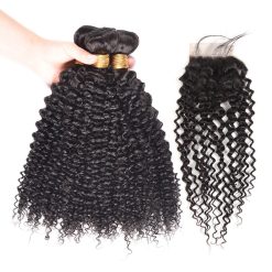 Curly Weave Virgin Human Hair Bundles With Closure