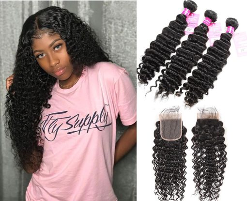 Indian Deep Wave Hair 3 Bundles With Closure