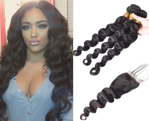 Indian Loose Deep Wave Hair 3 Bundles With Closure