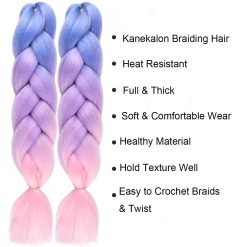 Jumbo Braiding Hair Ombre Colorful Synthetic Braiding Hair Extensions 24inch High Temperature Fiber Ombre Twist Crochet Yaki Braids Hair(3Packs,Blue-Purple-Pink) 9 Kanekalon Jumbo Braiding Hair Ombre Colorful Blue-Purple-Pink