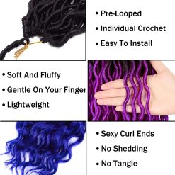 Wavy Faux Locs Crochet Hair 5Packs Ombre Purple Blue Faux Locs with Curly Ends Pre Looped Goddess Locs Crochet Hair for Black Women (20inch,1B/Purple/Blue#) 13 Faux Locs Crochet Hair