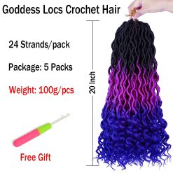 Wavy Faux Locs Crochet Hair 5Packs Ombre Purple Blue Faux Locs with Curly Ends Pre Looped Goddess Locs Crochet Hair for Black Women (20inch,1B/Purple/Blue#) 12 Faux Locs Crochet Hair