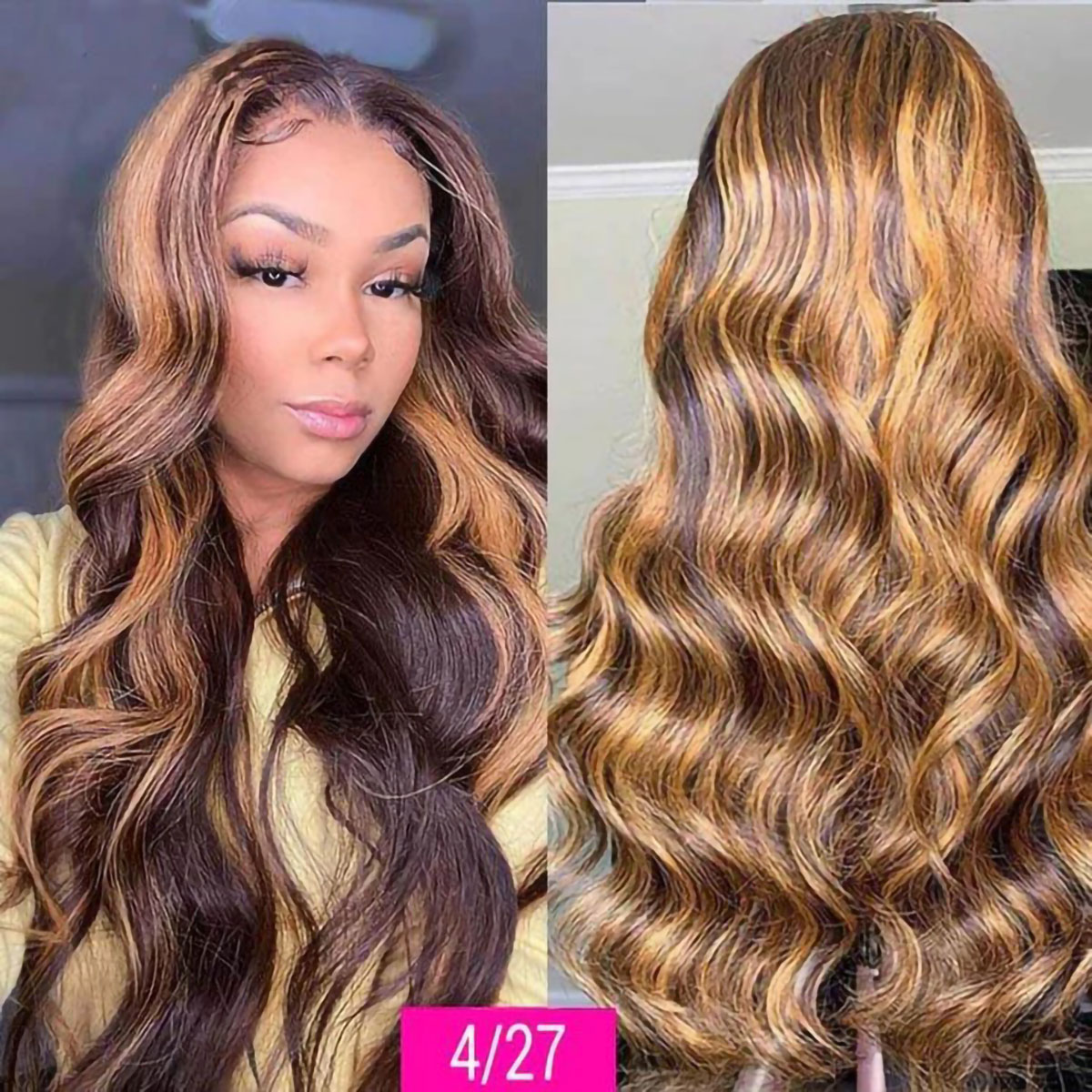 Honey Blonde Lace Front Wigs 4/27 Ombre Highlight Body Wave Wig HD Lace Front Human Hair Wigs Free Part 21 Honey Blonde Lace Front Wigs