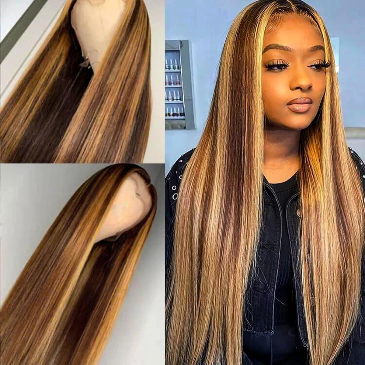 Highlight Brown Straight Wig P4/27 13x4 HD Transparent Lace Front Wigs Honey Blonde Human Hair Wigs 22 Highlight Brown Straight Wig