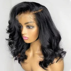 Body Wave HD Lace Frontal Wig Short Wavy Glueless Wig Pre-bleached Knots 180% Density Pre-plucked Hairline 15 Body Wave HD Lace Frontal Wig 1