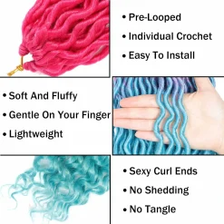 Ms Aloe Curly Faux Locs Crochet Hair 5Pack (120 Strands) Pink Lake Blue Ombre Wavy Faux Locs with Curly Ends Pre Looped Goddess Locs Crochet Hair for Black Women (20inch,Pink/Lake Blue) 8 Curly Faux Locs hair