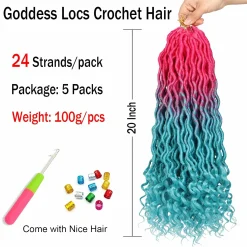 Ms Aloe Curly Faux Locs Crochet Hair 5Pack (120 Strands) Pink Lake Blue Ombre Wavy Faux Locs with Curly Ends Pre Looped Goddess Locs Crochet Hair for Black Women (20inch,Pink/Lake Blue) 9 Curly Faux Locs hair