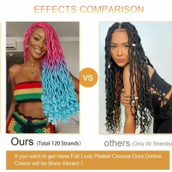 Ms Aloe Curly Faux Locs Crochet Hair 5Pack (120 Strands) Pink Lake Blue Ombre Wavy Faux Locs with Curly Ends Pre Looped Goddess Locs Crochet Hair for Black Women (20inch,Pink/Lake Blue) 11 Curly Faux Locs hair