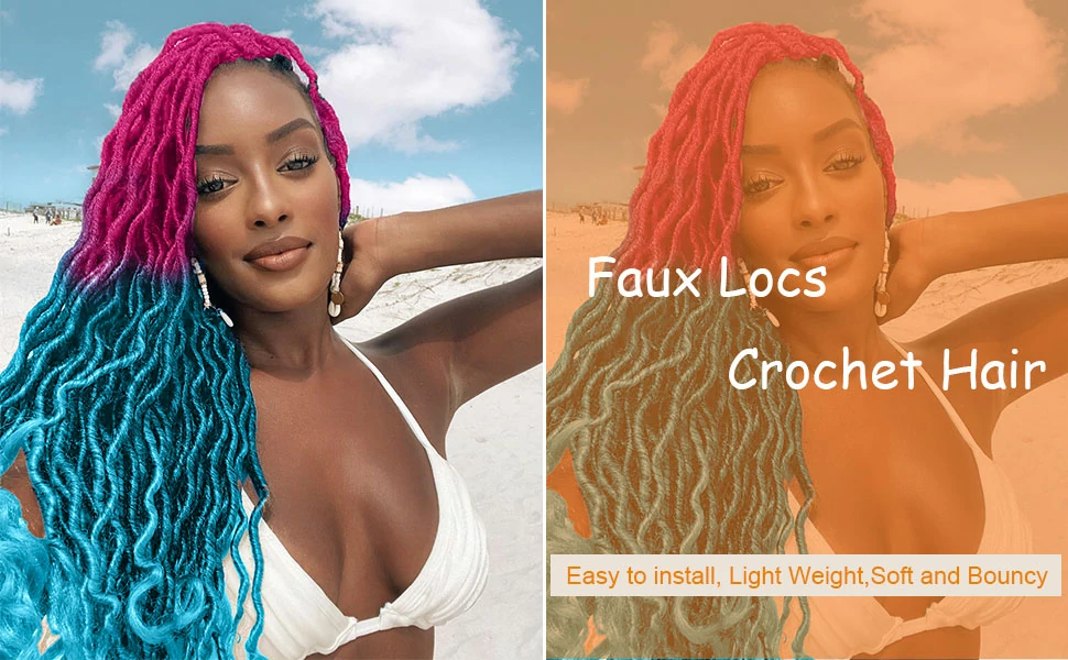 Ms Aloe Curly Faux Locs Crochet Hair 5Pack (120 Strands) Pink Lake Blue Ombre Wavy Faux Locs with Curly Ends Pre Looped Goddess Locs Crochet Hair for Black Women (20inch,Pink/Lake Blue) 12 Curly Faux Locs hair