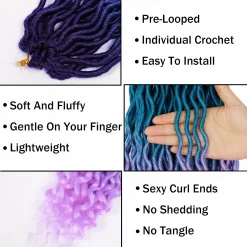Ombre Faux Locs Crochet Hair 20inch 5Pack(120Strands)Ombre Goddess Locs Crochet Hair Pre Looped Crochet Faux Locs With Curly Ends Faxu Locs Crochet Hair for Black Women(Purple/Lake Blue/Light Purple) 8 Ombre Faux Locs Crochet Hair 6