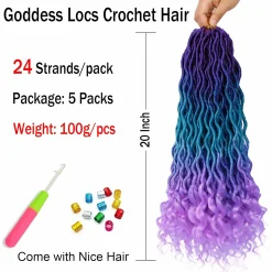 Ombre Faux Locs Crochet Hair 20inch 5Pack(120Strands)Ombre Goddess Locs Crochet Hair Pre Looped Crochet Faux Locs With Curly Ends Faxu Locs Crochet Hair for Black Women(Purple/Lake Blue/Light Purple) 10 Ombre Faux Locs Crochet Hair 6
